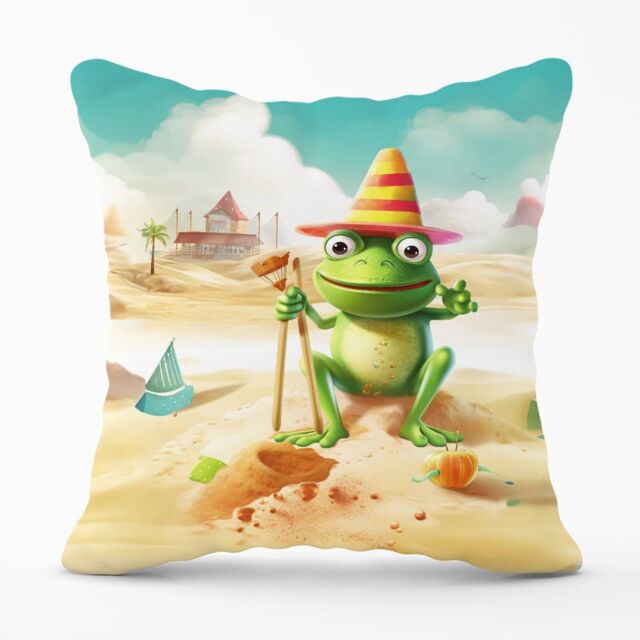 Warren Reed - Designer Happy Frog On A Beach Holiday Outdoor Cushion in Yellow - Size: 45 cm x 45 cm - image 1