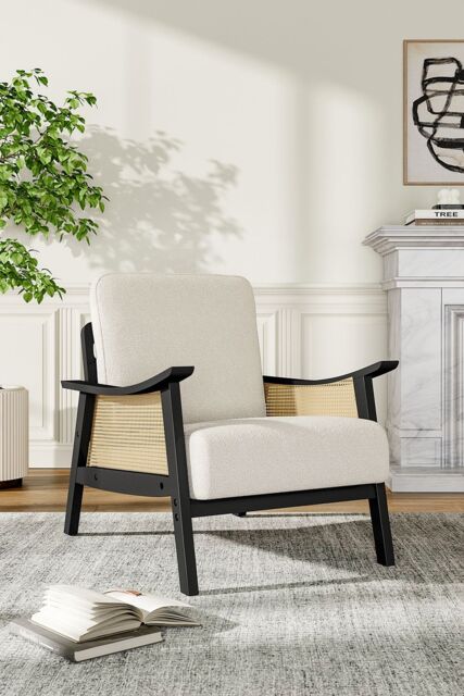 Living and Home White Teddy Fur Rattan Armrest Sofa Cushioned Armchair with Dark Leg - image 1