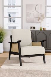 Living and Home White Teddy Fur Rattan Armrest Sofa Cushioned Armchair with Dark Leg - thumbnail 2