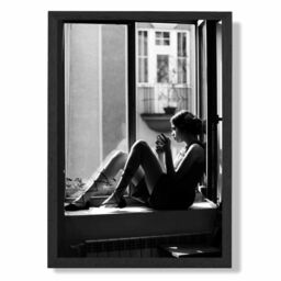 ARTZE Girl in Window Fashion Black & White Photo Framed Print SIZE: A2 with Black Frame - Size: A4 - thumbnail 1