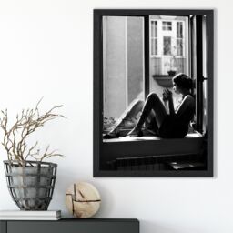 ARTZE Girl in Window Fashion Black & White Photo Framed Print SIZE: A2 with Black Frame - Size: A4 - thumbnail 2