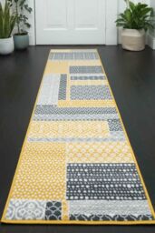 Kukoon Runner Rug Yellow Ochre Grey Distressed Striped Geometric Hallway Area Rug - Size: 60 cm x 240 cm - thumbnail 2