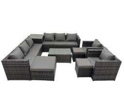 Fimous 11 Seater Garden Outdoor Rattan Furniture Set with 3 Stools Dark Grey - thumbnail 1