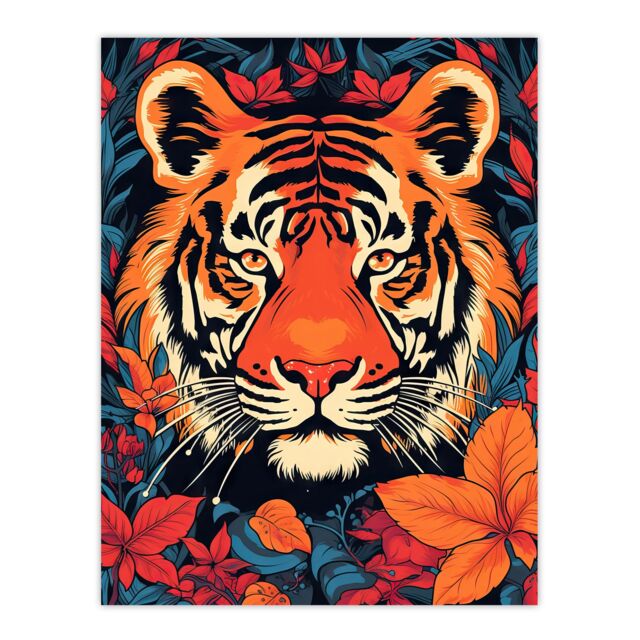"Artery8 Tangerine Tiger Artwork Bold Bright Amber Orange & Red On Teal Large Wall Unframed Art Poster Print Thick Paper 18X24 Inch - Size: W18"" x H24""" - image 1