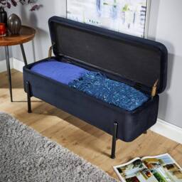 Home Source Storage Ottoman Seat Boucle Velvet Metal Legs Compact Bedroom Storage in Black - thumbnail 3