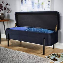 Home Source Storage Ottoman Seat Boucle Velvet Metal Legs Compact Bedroom Storage in Black - thumbnail 1