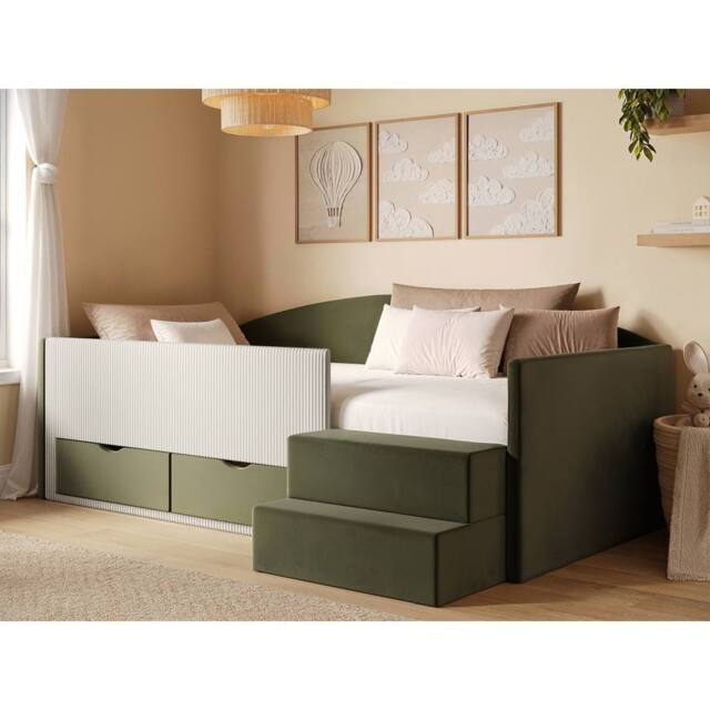 Flair Elisa Velvet Storage Low Sleeper Bed with Beige Cord in Green - Size: Single - image 1