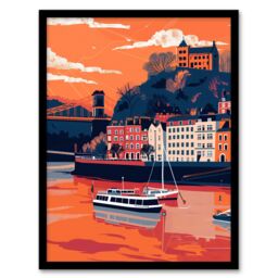 "Artery8 Bristol Harbour Canal Boats Sunset Artwork Castle Framed Art Print in Orange - Size: W12"" x H16""" - thumbnail 1