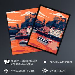 "Artery8 Bristol Harbour Canal Boats Sunset Artwork Castle Framed Art Print in Orange - Size: W12"" x H16""" - thumbnail 2