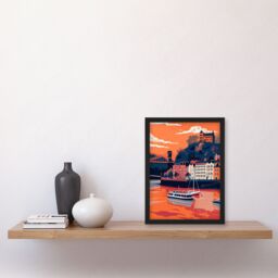 "Artery8 Bristol Harbour Canal Boats Sunset Artwork Castle Framed Art Print in Orange - Size: W12"" x H16""" - thumbnail 4