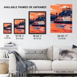 "Artery8 Bristol Harbour Canal Boats Sunset Artwork Castle Framed Art Print in Orange - Size: W12"" x H16""" - thumbnail 3