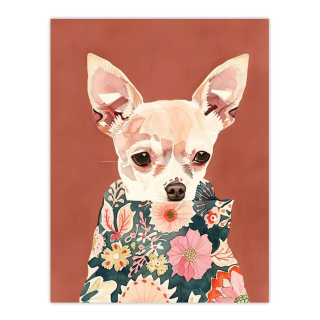 "Artery8 Chihuahua With Floral Coat Dog Lover Watercolour Wall Art Print in Red - Size: W18"" x H24""" - image 1