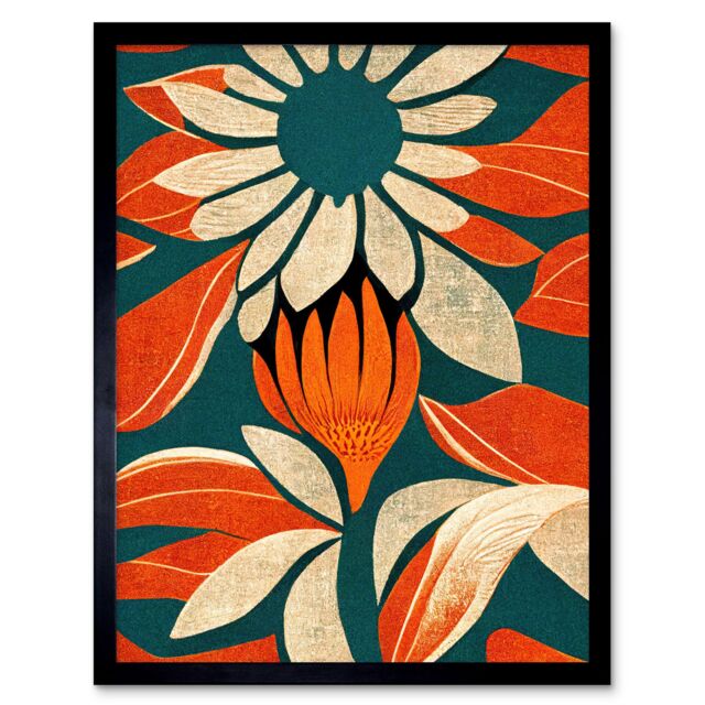 "Artery8 Wall Art Print Flower Design Teal Orange Abstract Linocut Art Framed in Black - Size: W12"" x H16""" - image 1