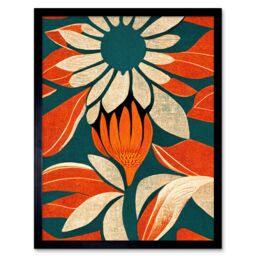 "Artery8 Wall Art Print Flower Design Teal Orange Abstract Linocut Art Framed in Black - Size: W12"" x H16""" - thumbnail 1