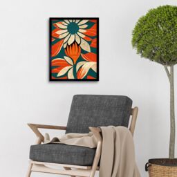 "Artery8 Wall Art Print Flower Design Teal Orange Abstract Linocut Art Framed in Black - Size: W12"" x H16""" - thumbnail 2