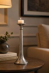 Homescapes Aluminium Skirt Metal Candlestick - 44 cm Tall in Silver - thumbnail 2