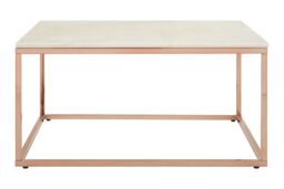 Orsina Square Rose Gold & Marble Coffee Table, Natural White Marble Top Center Table, Accent Table For Outdoor Use