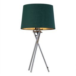 First Choice Lighting Tripod - Chrome Lamp with Green & Gold Fabric Shade in Silver