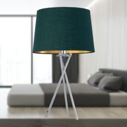 First Choice Lighting Tripod - Chrome Lamp with Green & Gold Fabric Shade in Silver - thumbnail 8
