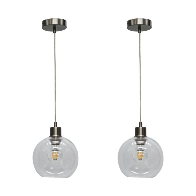 First Choice Lighting Set of 2 Barnum - Clear Glass Globe with Satin Nickel Pendant Fittings - image 1
