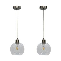 First Choice Lighting Set of 2 Barnum - Clear Glass Globe with Satin Nickel Pendant Fittings - thumbnail 1
