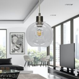 First Choice Lighting Set of 2 Barnum - Clear Glass Globe with Satin Nickel Pendant Fittings - thumbnail 4