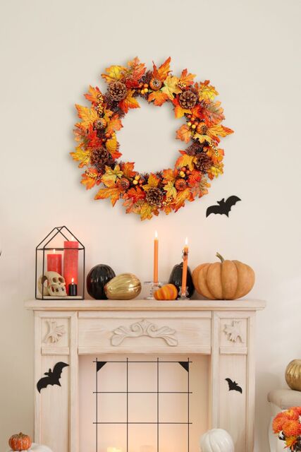 Living and Home 60cm Pre-lit Autumn Wreath Artificial Maple Leaf & Pinecone Wreath for Front Doors & Mantels in Yellow - image 1