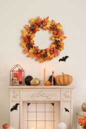 Living and Home 60cm Pre-lit Autumn Wreath Artificial Maple Leaf & Pinecone Wreath for Front Doors & Mantels in Yellow - thumbnail 1
