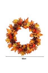 Living and Home 60cm Pre-lit Autumn Wreath Artificial Maple Leaf & Pinecone Wreath for Front Doors & Mantels in Yellow - thumbnail 6