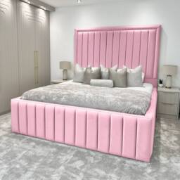 Living Comfort Bedz Hampton Slatted Base Upholstered Bed with 54-Inch panel Headboard in Pink - Size: Super King