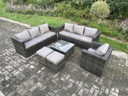 Fimous Rattan Garden Furniture Sofa Set with Armchair Square Coffee Table 2 Small Footstools Indoor Side Table Outdoor 9 Seater in Dark Grey - thumbnail 2