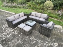 Fimous Rattan Garden Furniture Sofa Set with Armchair Square Coffee Table 2 Small Footstools Indoor Side Table Outdoor 9 Seater in Dark Grey - thumbnail 1