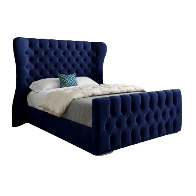 KDMD Lika Wide Curved Winged Upholstered Soft Velvet Designer Bed Frame in Blue - Size: Double - image 1