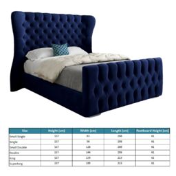KDMD Lika Wide Curved Winged Upholstered Soft Velvet Designer Bed Frame in Blue - Size: Double - thumbnail 5