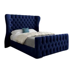 KDMD Lika Wide Curved Winged Upholstered Soft Velvet Designer Bed Frame in Blue - Size: Double