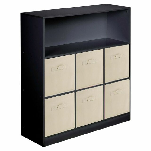 EONLION Black 7-Cube Storage Unit, Wooden Shelf with Biege Drawers in Clear - image 1