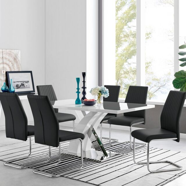 FurnitureboxUK Atlanta Modern Rectangle Chrome Metal High Gloss White Dining Table & 6 Lorenzo Chairs Set in Black - image 1