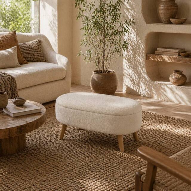 Wyld Haus Molasa Boucle Cream Teddy Fleece Storage Ottoman with Pine Wood Legs - image 1