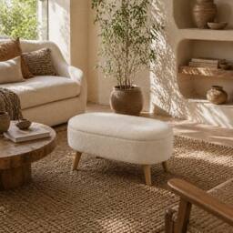 Wyld Haus Molasa Boucle Cream Teddy Fleece Storage Ottoman with Pine Wood Legs