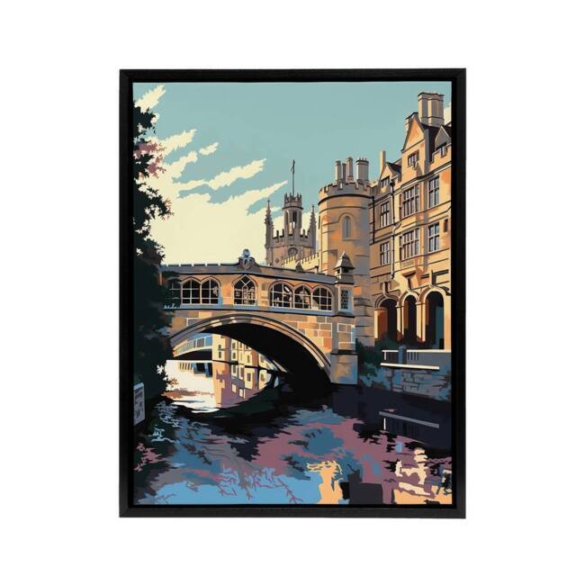 "Artery8 Bridge Of Sighs Cambridge Cam River Framed Canvas Wall Art Print in Blue - Size: W24"" x H32""" - image 1