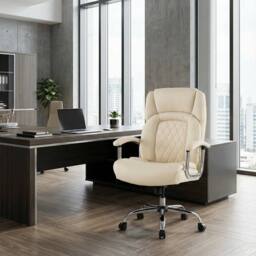 Costway PU Leather Office Chair Padded Modern Executive Chair Computer Desk in Beige - thumbnail 9