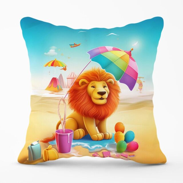 Warren Reed - Designer Lion On A Beach Holiday Outdoor Cushion in Yellow - Size: 45 cm x 45 cm - image 1