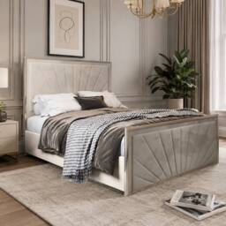 Casani Somerton Upholstered Soft Velvet Beige Metal Designer Bed Frame in Cream - Size: Small Double - thumbnail 1