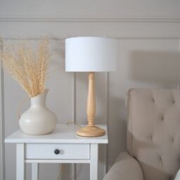 ValueLights Victoria Light Wood Traditional Stem Table Lamp with Fabric Drum Shade in White - thumbnail 3