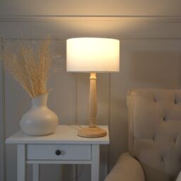 ValueLights Victoria Light Wood Traditional Stem Table Lamp with Fabric Drum Shade in White - thumbnail 1