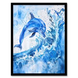 "Artery8 Playful Dolphin in Ocean Waves Splash Watercolour Framed Wall Art in Blue - Size: W12"" x H16""" - thumbnail 1