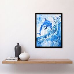 "Artery8 Playful Dolphin in Ocean Waves Splash Watercolour Framed Wall Art in Blue - Size: W12"" x H16""" - thumbnail 4