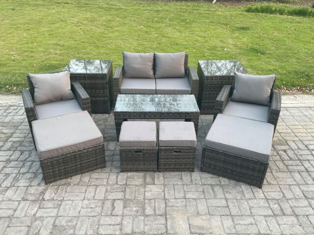 Fimous High Back Rattan Garden Furniture Sofa Sets w/ Rectangular Coffee Table 2 Side Tables Armchair 2 Big Footstool 2 Small Footstools Dark Grey