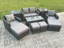 Fimous High Back Rattan Garden Furniture Sofa Sets w/ Rectangular Coffee Table 2 Side Tables Armchair 2 Big Footstool 2 Small Footstools Dark Grey - thumbnail 2