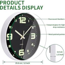 "Hinsinc 12"" Silent Luminous Digital Wall Clock in Black - Size: 0.6m2" - thumbnail 2